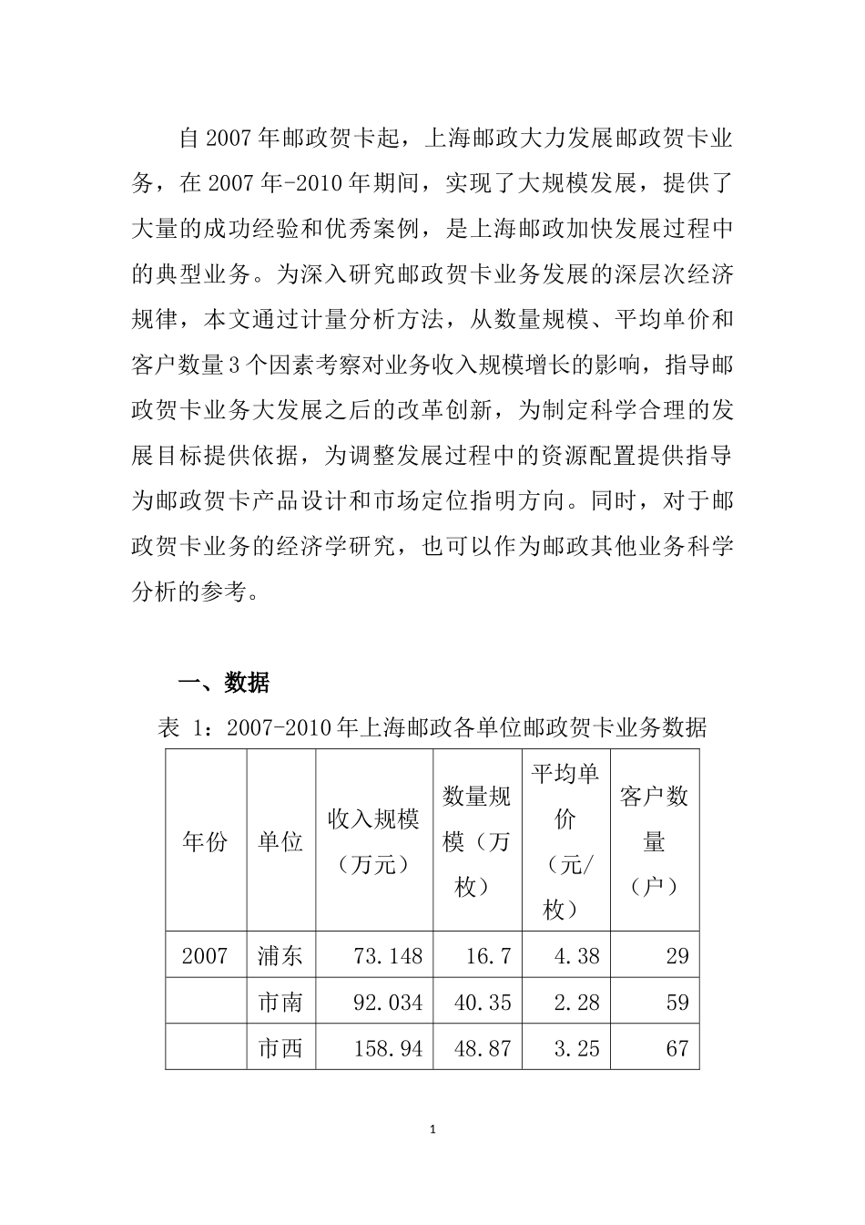 关于邮政贺卡规模增长因素的计量分析  工商管理专业_第1页