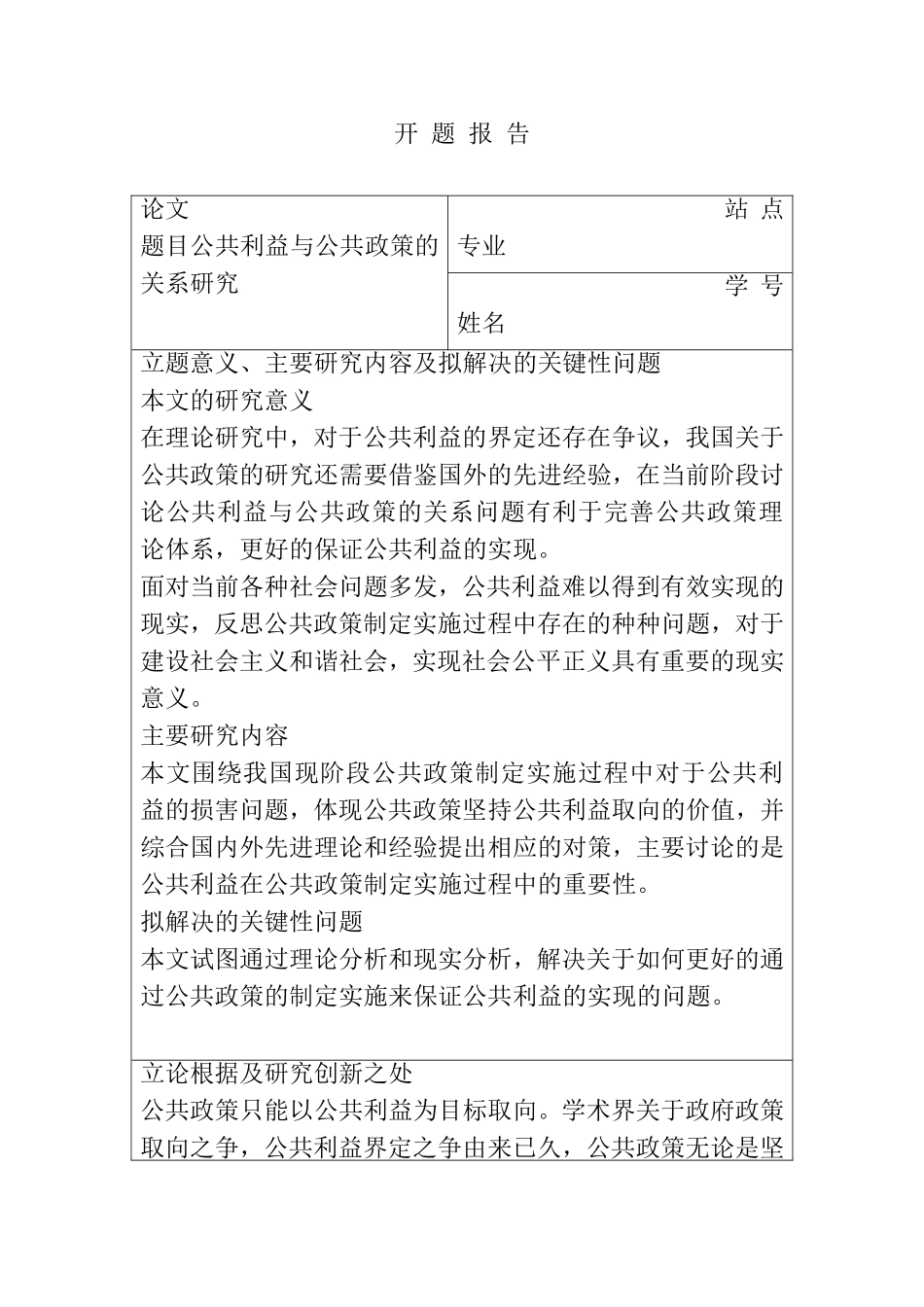公共利益与公共政策的关系研究开题报告 工商管理专业_第1页