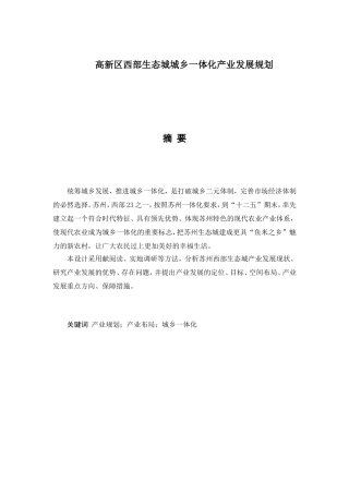 高新区西部生态城城乡一体化产业发展规划  工商管理专业