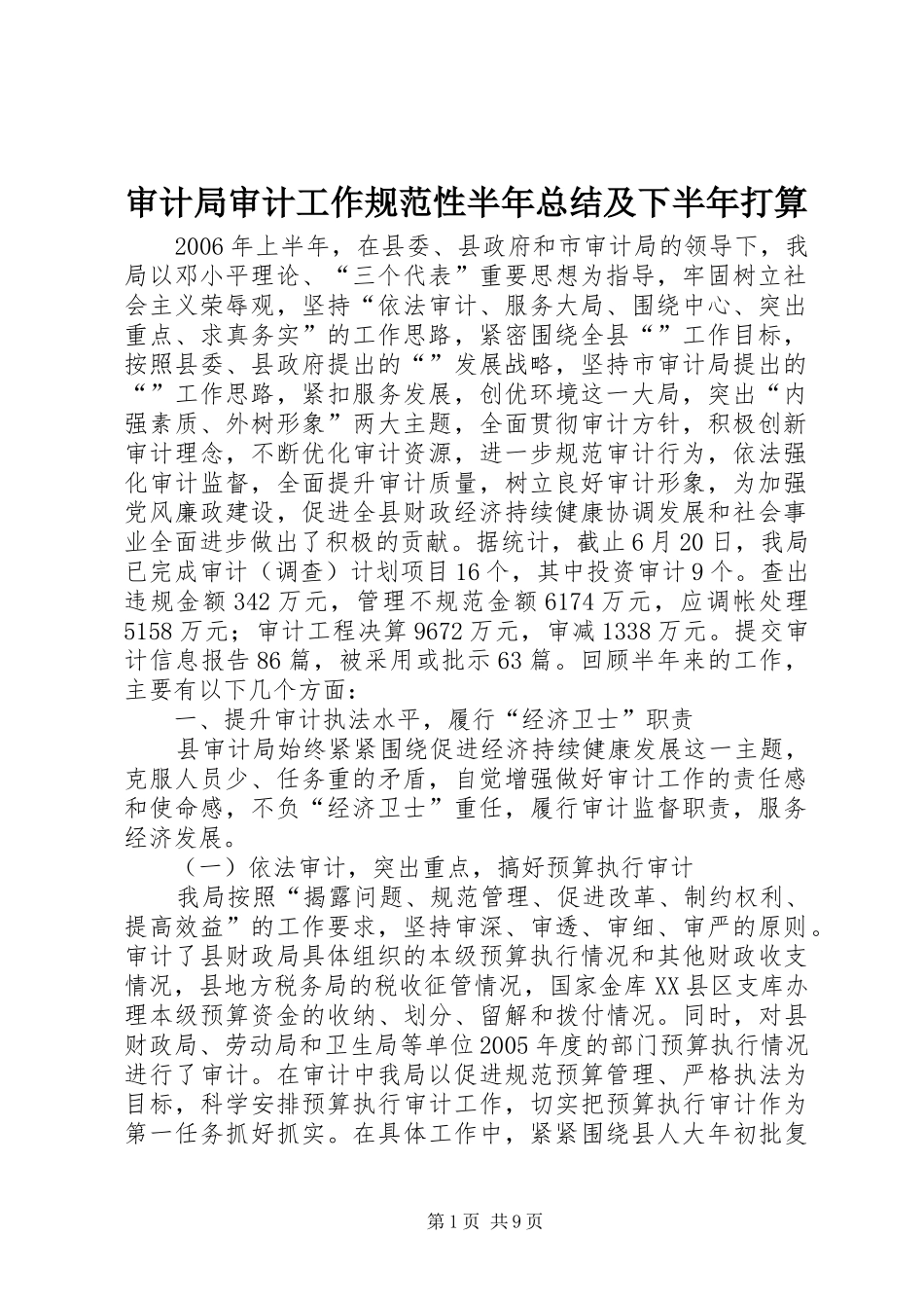 2024年审计局审计工作规范性半年总结及下半年打算_第1页