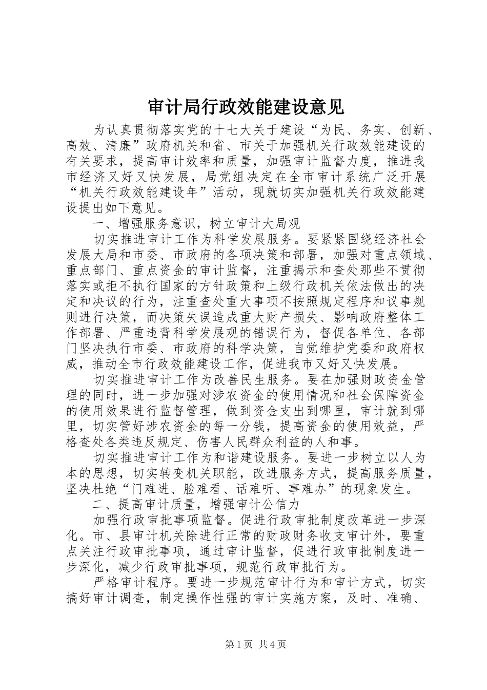 2024年审计局行政效能建设意见_第1页