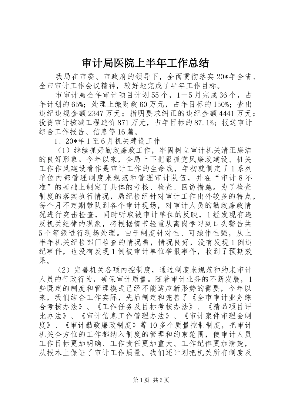 2024年审计局医院上半年工作总结_第1页