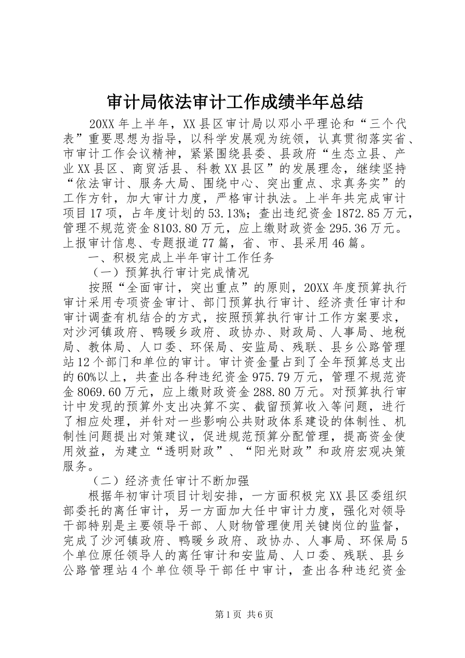 2024年审计局依法审计工作成绩半年总结_第1页