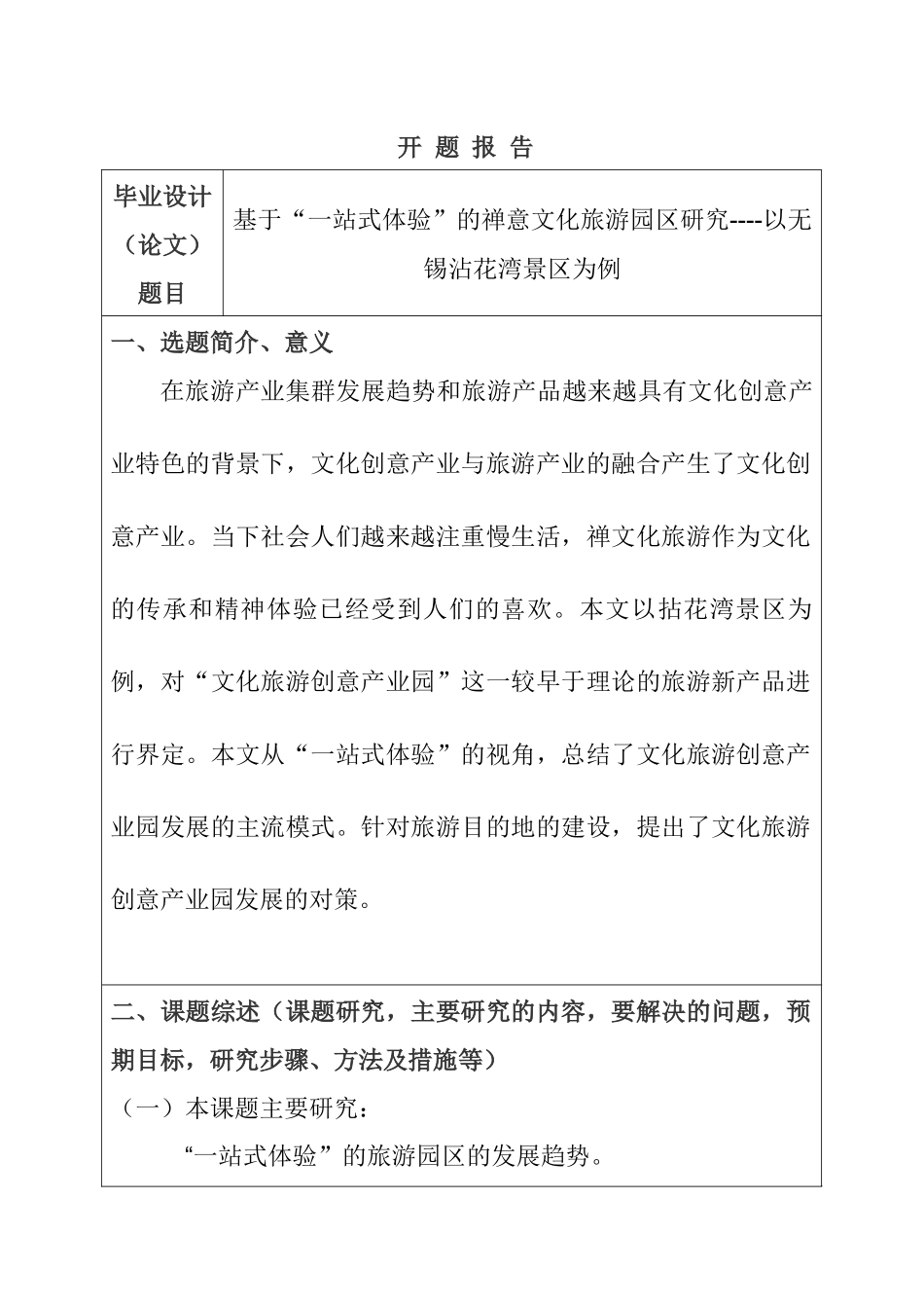 基于“一站式体验”的禅意文化旅游园区研究  旅游管理专业 开题报告_第1页