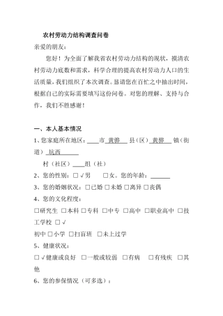 某省农村劳动力结构调查问卷例文  公共管理专业