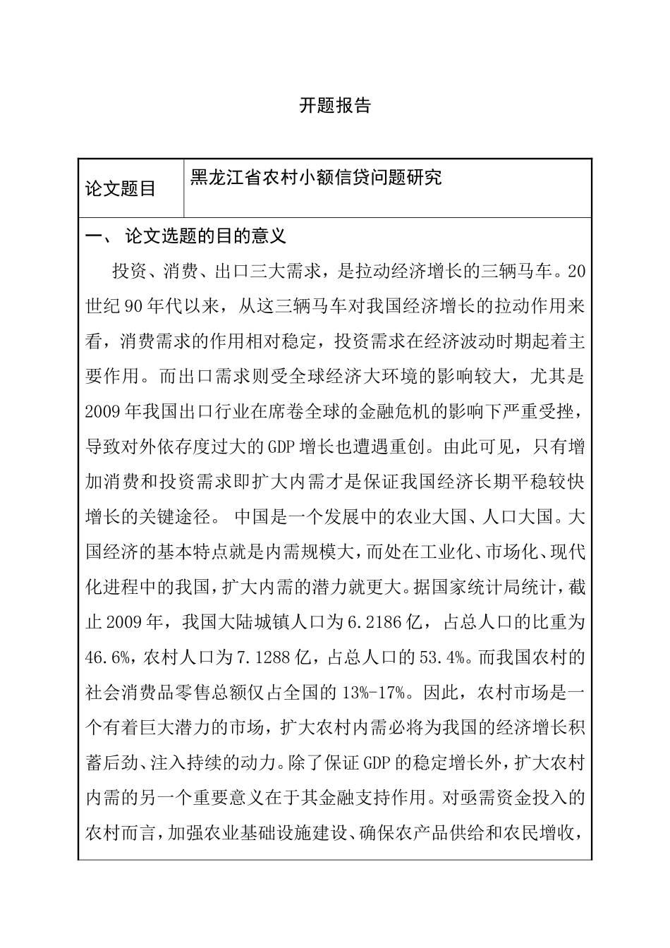 省农村小额信贷问题研究开题报告分析  会计学专业_第1页