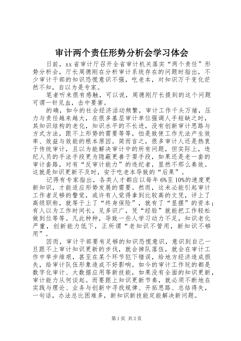 2024年审计两个责任形势分析会学习体会_第1页