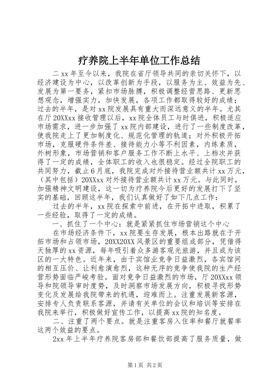 2024年疗养院上半年单位工作总结_第1页