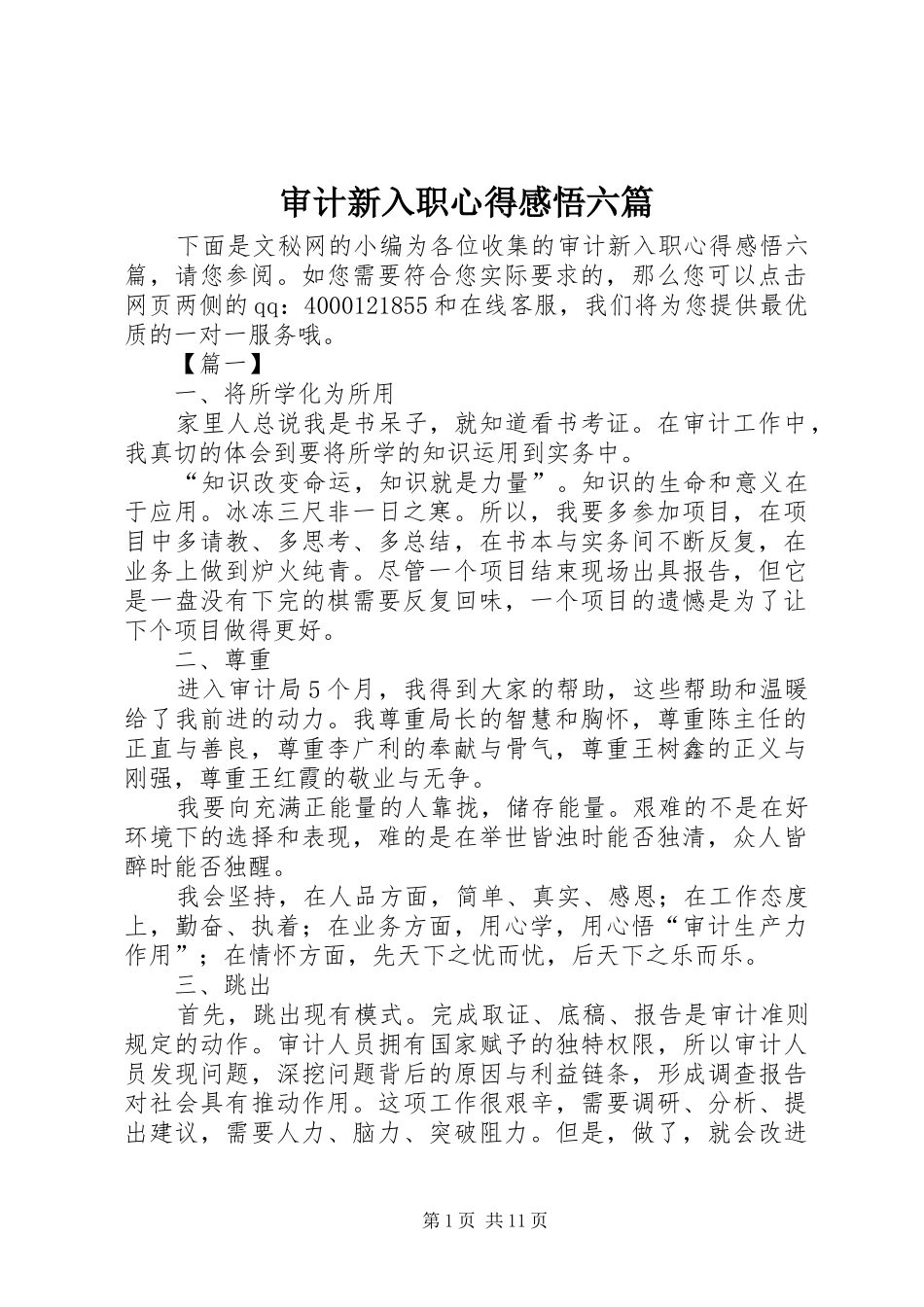 2024年审计新入职心得感悟六篇_第1页