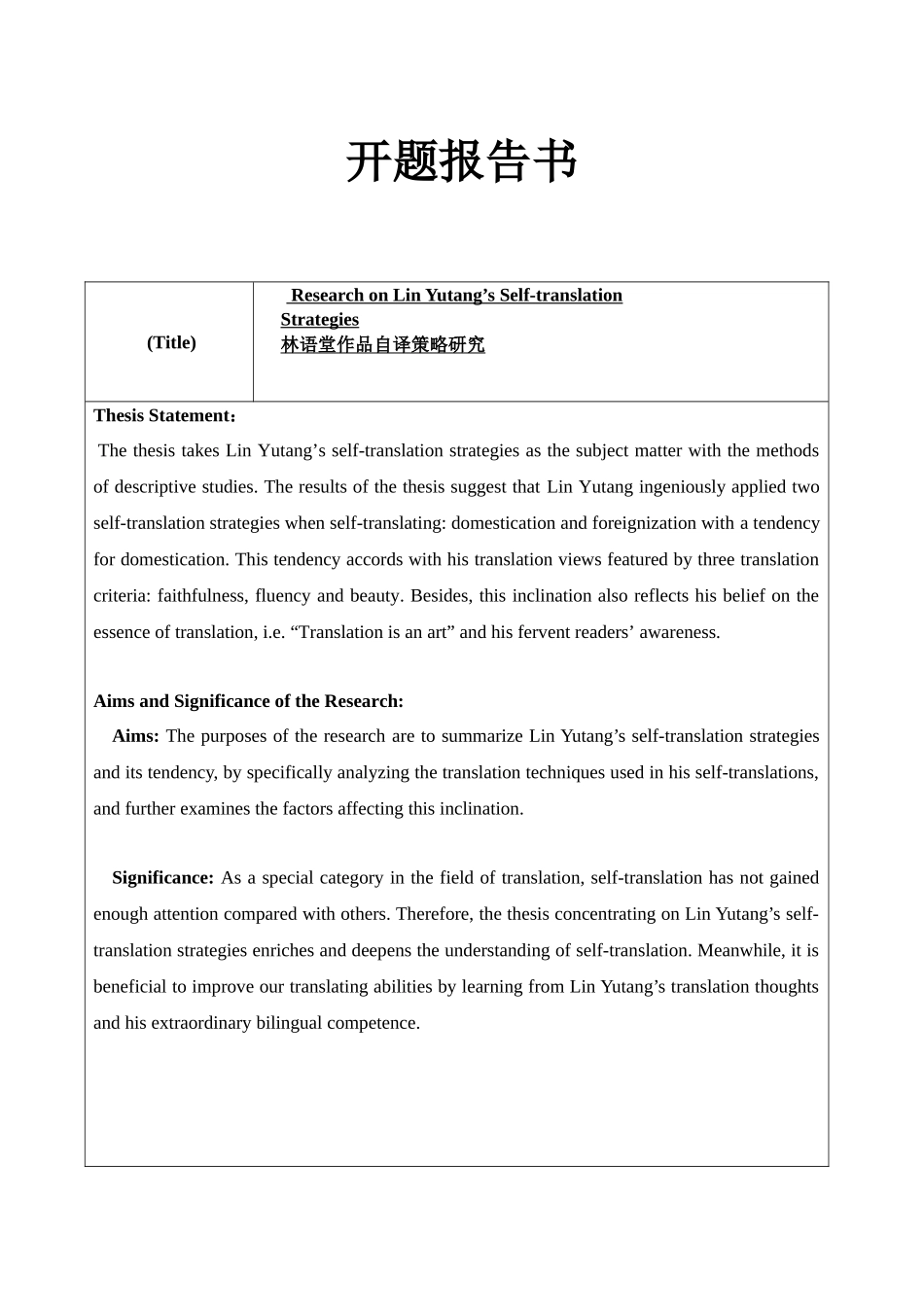 林语堂作品自译策略研究 英语学专业 开题报告_第1页
