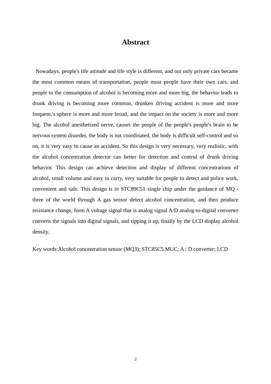 基于单片机的酒精浓度测试仪设计和实现 电气自动化专业_第2页