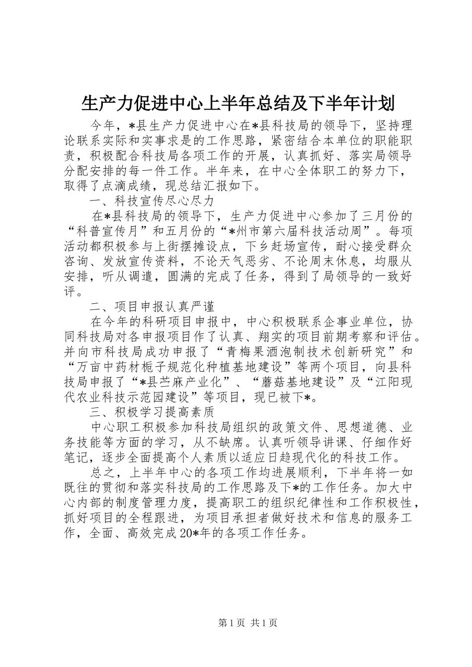 2024年生产力促进中心上半年总结及下半年计划_第1页