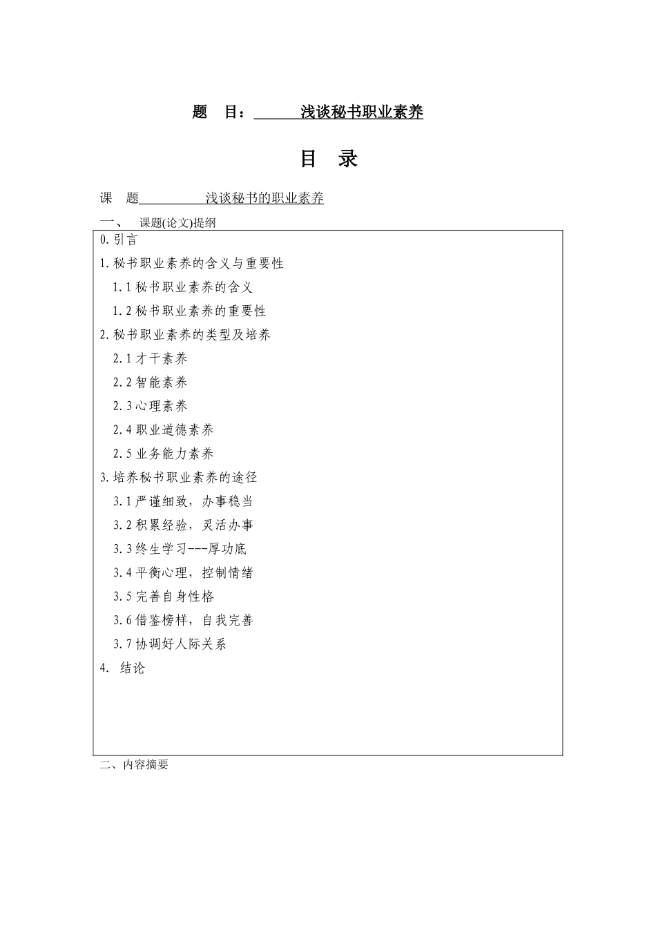 浅谈秘书职业素养分析研究  文秘学专业_第1页