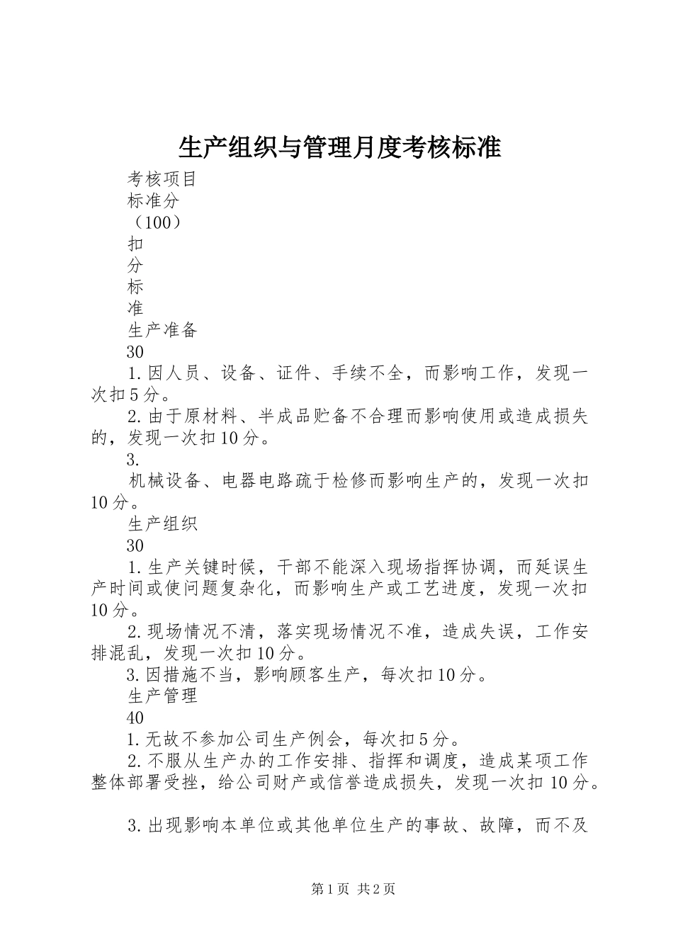 2024年生产组织与管理月度考核标准_第1页