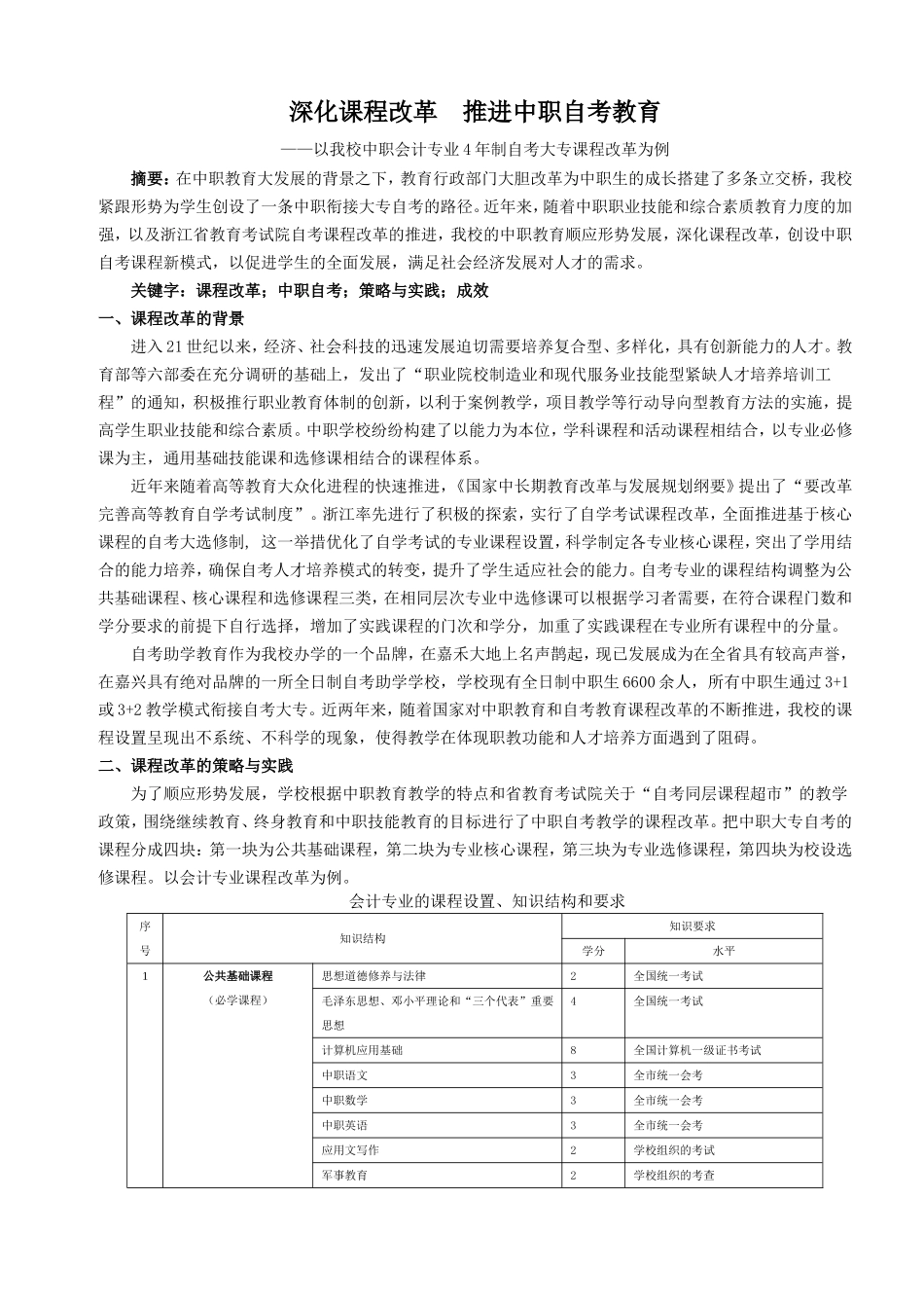 深化课程改革  推进中职自考教育以我校中职会计专业4年制自考大专课程改革为例  教育教学专业_第1页