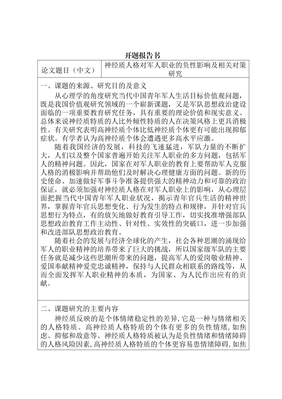 神经质人格对军人职业的负性影响及相关对策研究分析  开题 心理学专业_第1页
