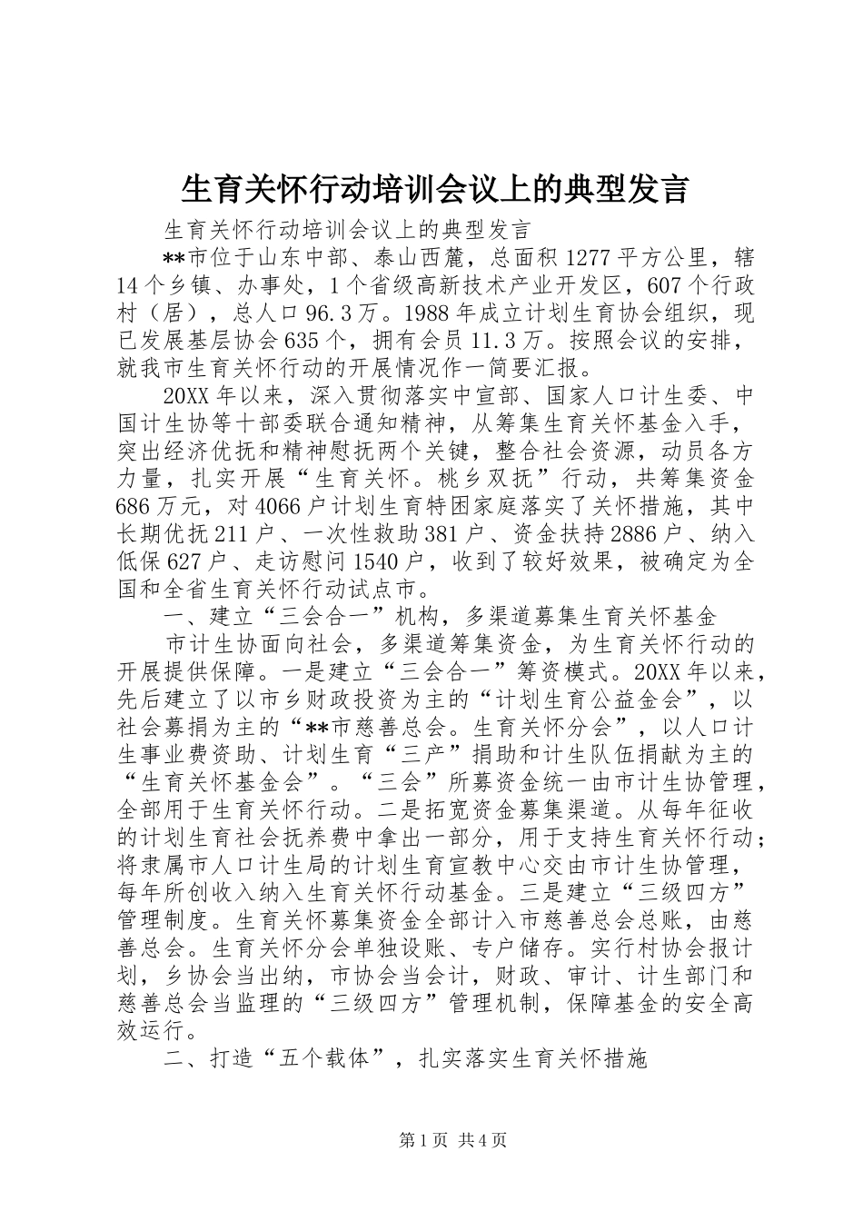 2024年生育关怀行动培训会议上的典型讲话_第1页