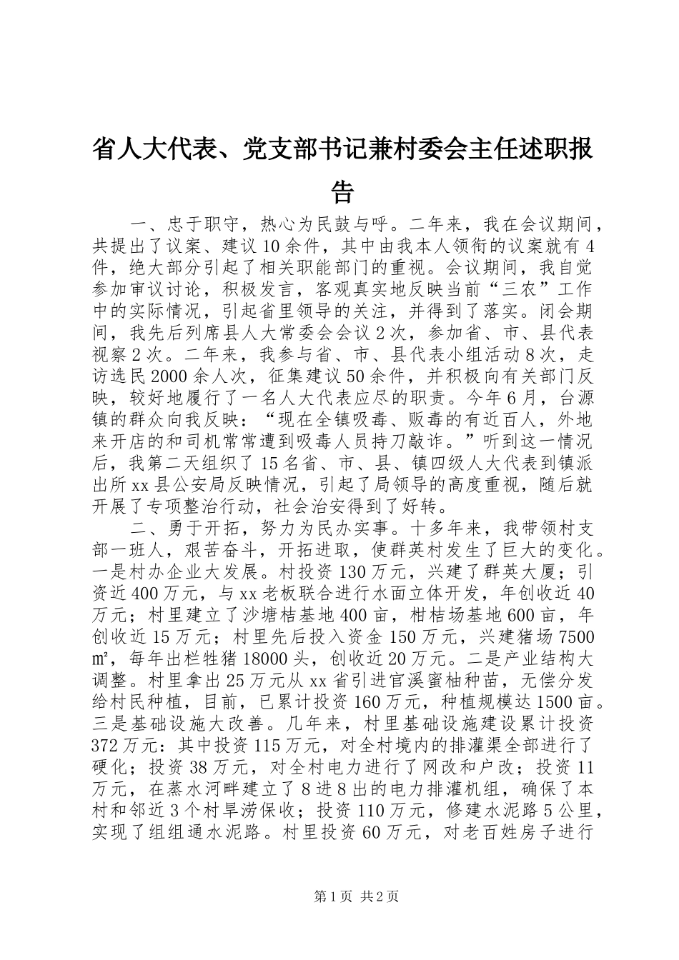 2024年省人大代表党支部书记兼村委会主任述职报告_第1页