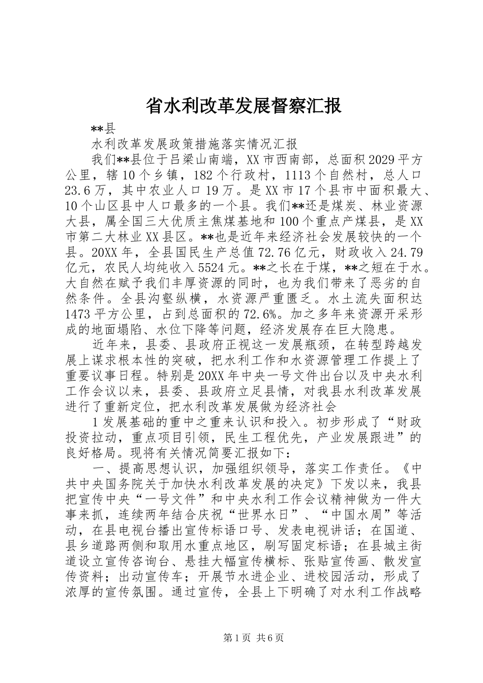 2024年省水利改革发展督察汇报_第1页