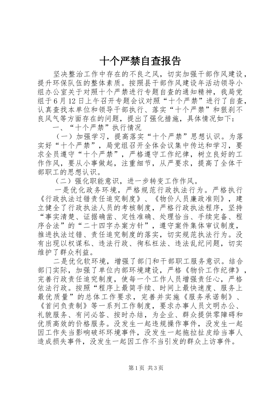 2024年十个严禁自查报告_第1页