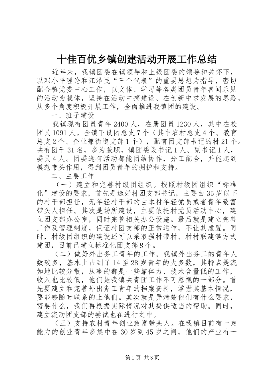 2024年十佳百优乡镇创建活动开展工作总结_第1页