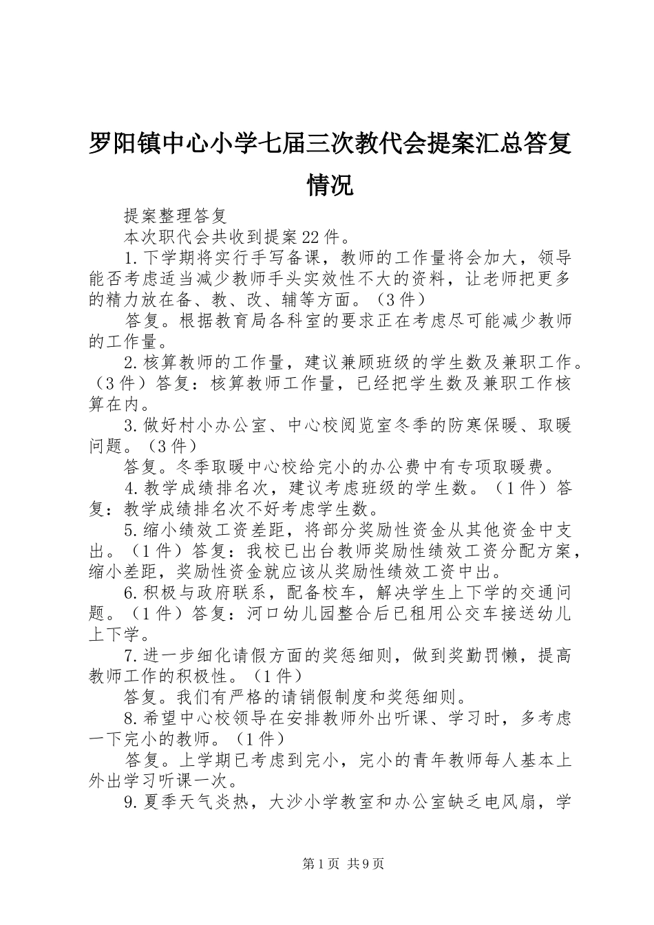 2024年罗阳镇中心小学七届三次教代会提案汇总答复情况_第1页