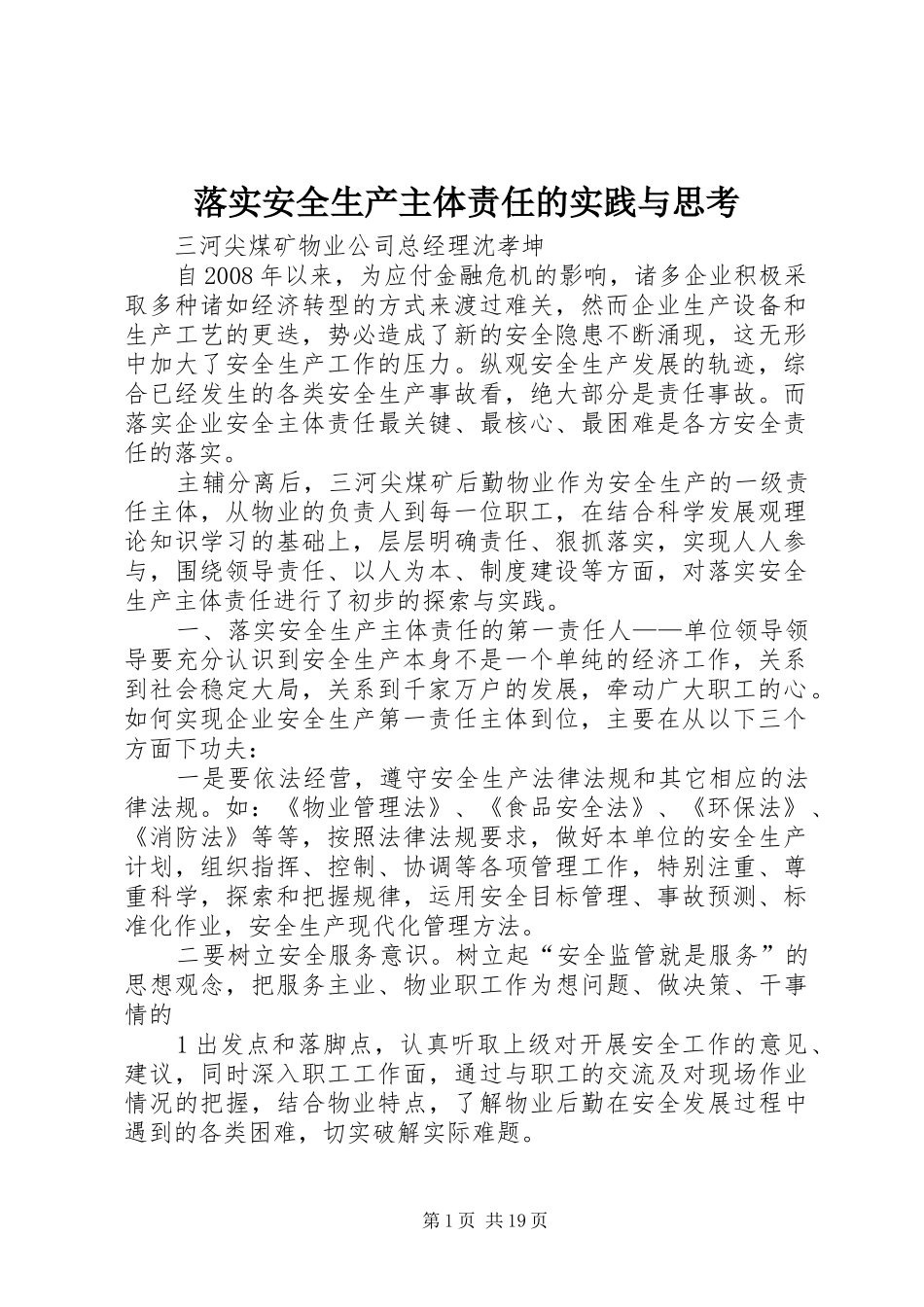 2024年落实安全生产主体责任的实践与思考_第1页