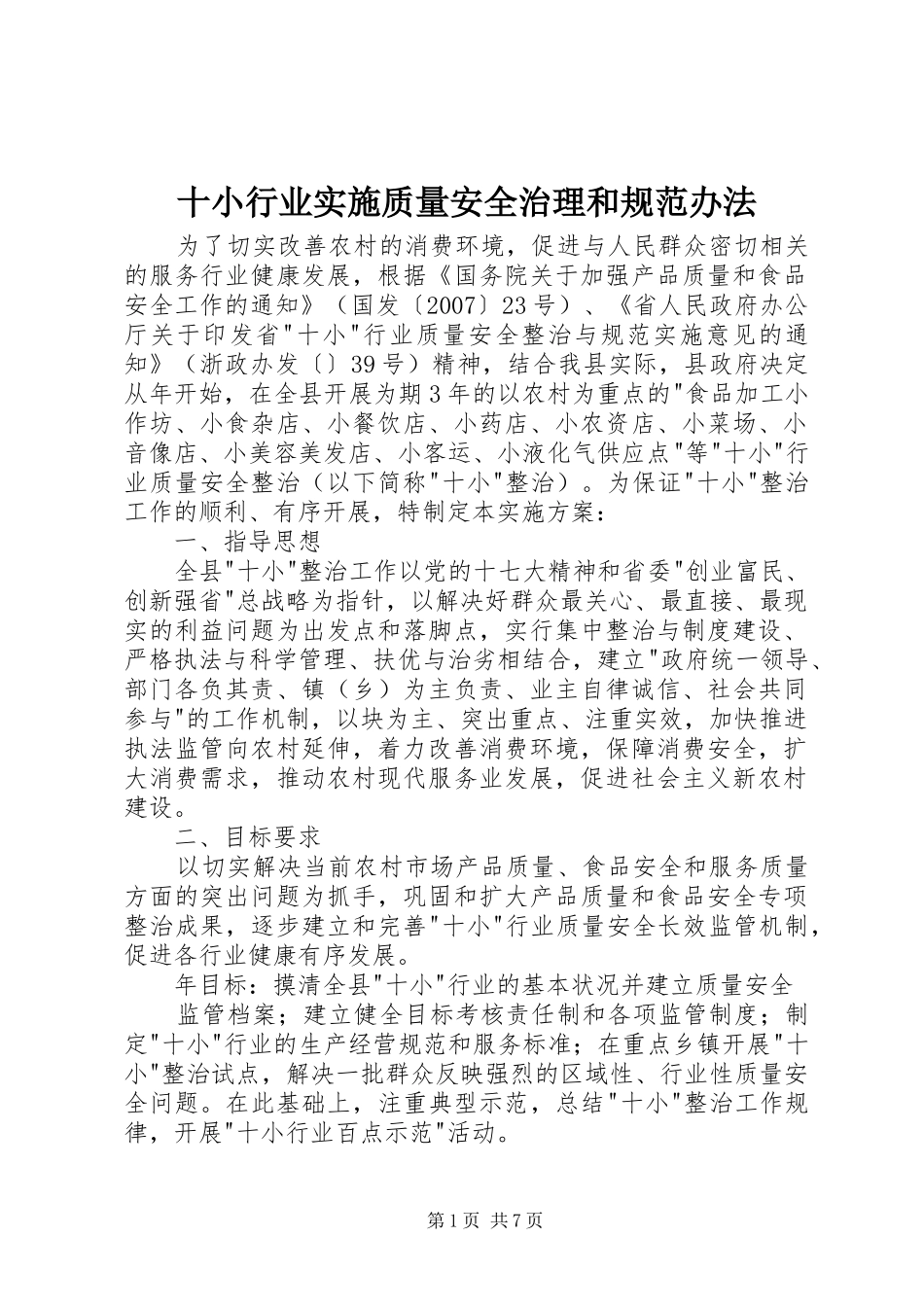 2024年十小行业实施质量安全治理和规范办法_第1页