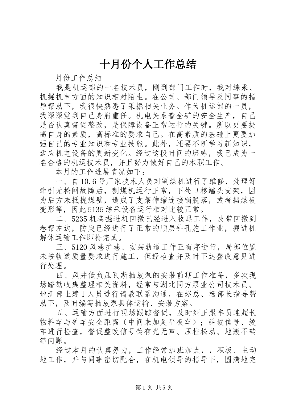 2024年十月份个人工作总结_第1页