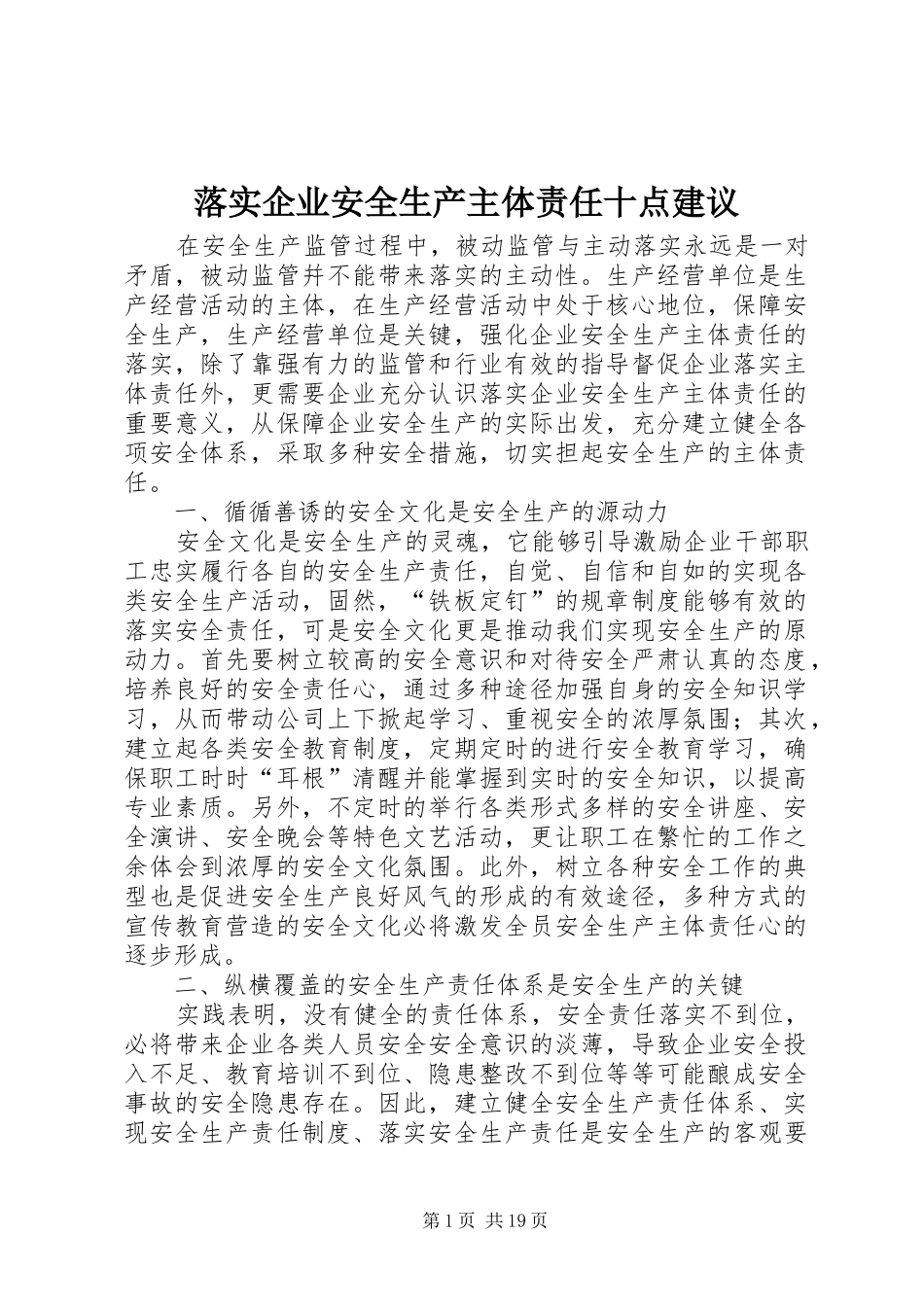 2024年落实企业安全生产主体责任十点建议_第1页