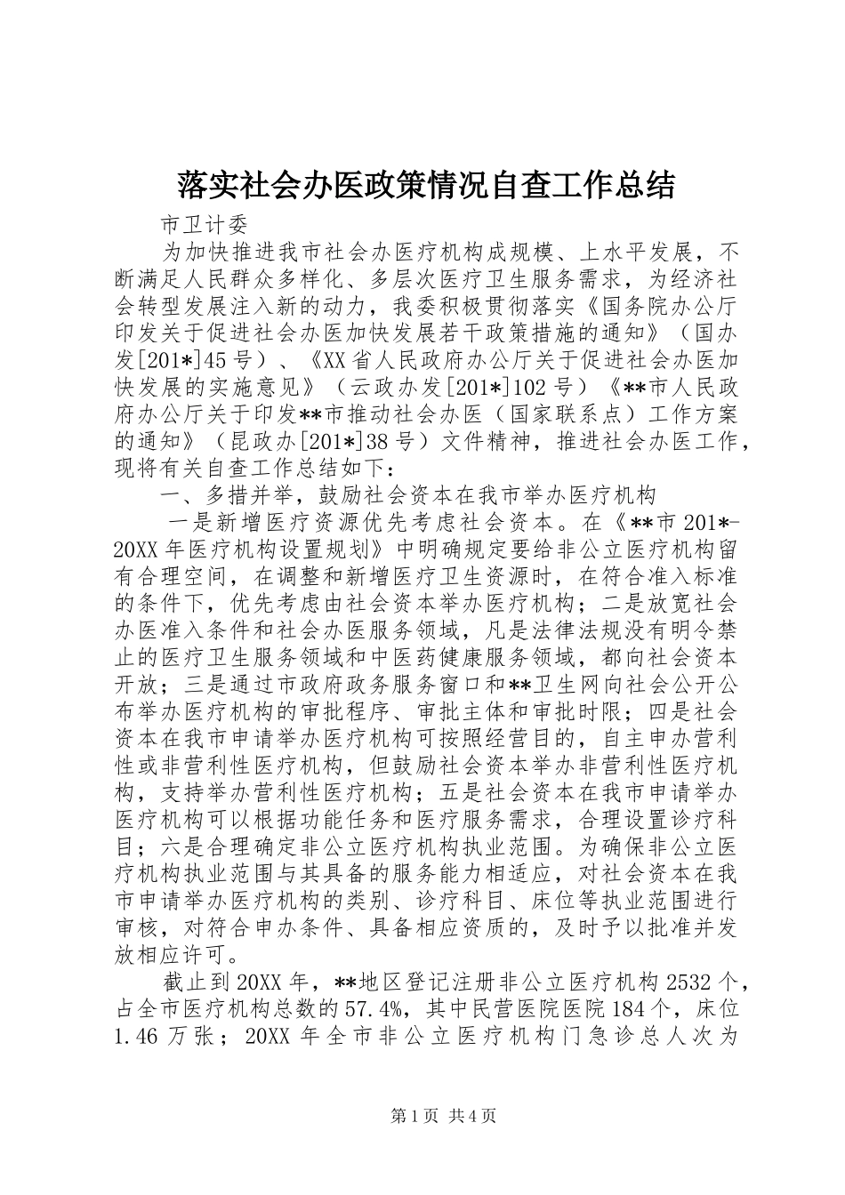 2024年落实社会办医政策情况自查工作总结_第1页