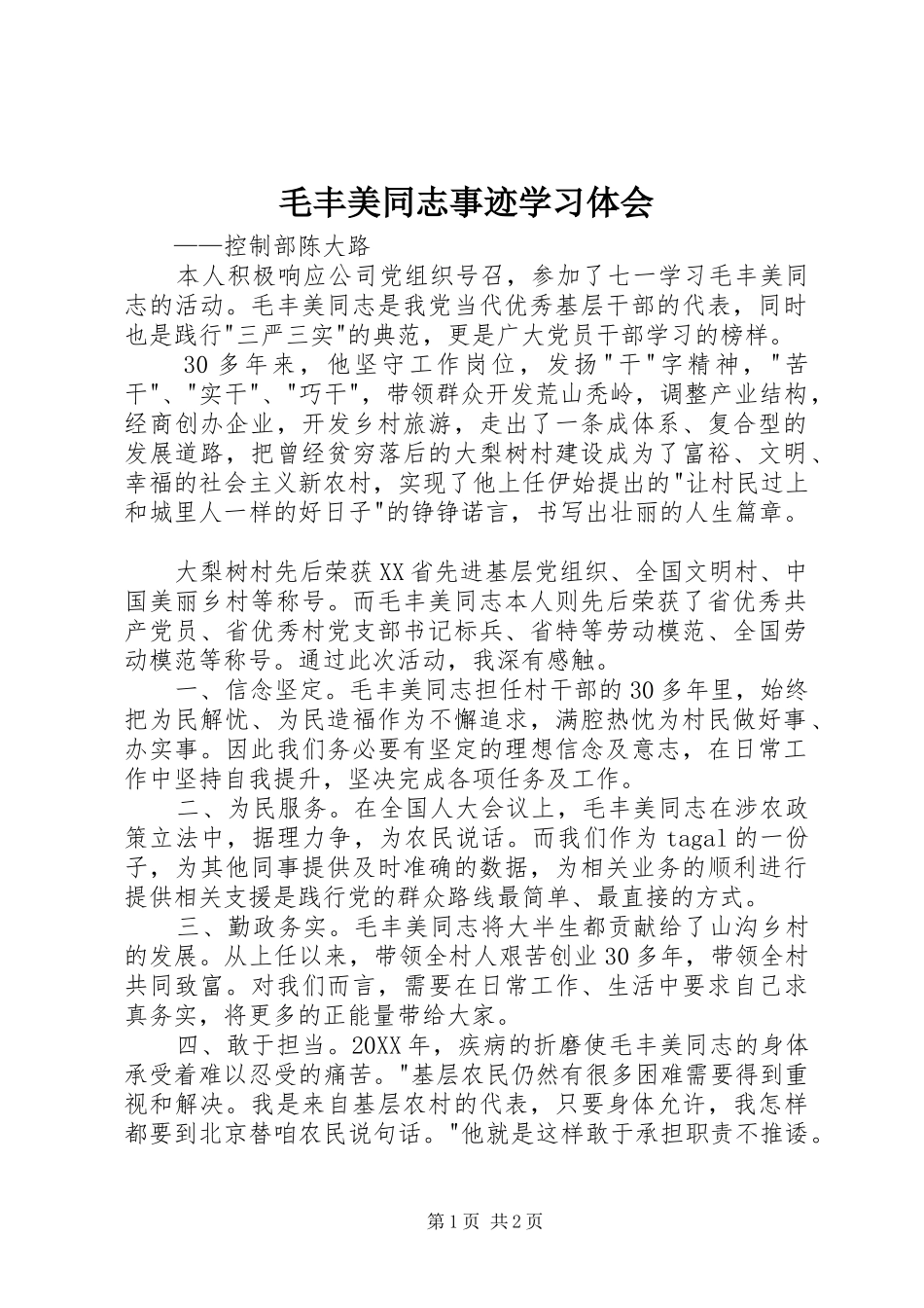 2024年毛丰美同志事迹学习体会_第1页