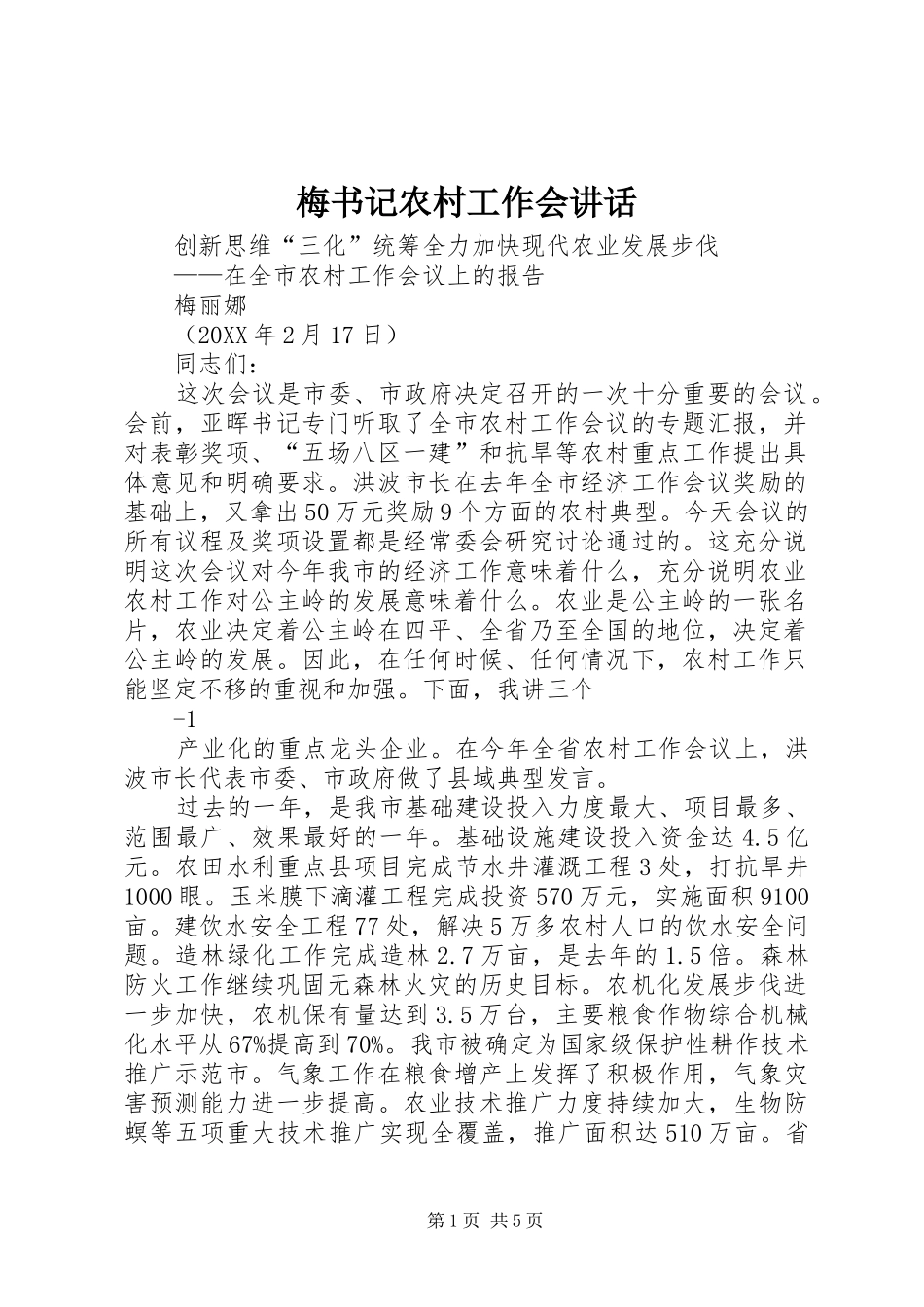 2024年梅书记农村工作会致辞_第1页