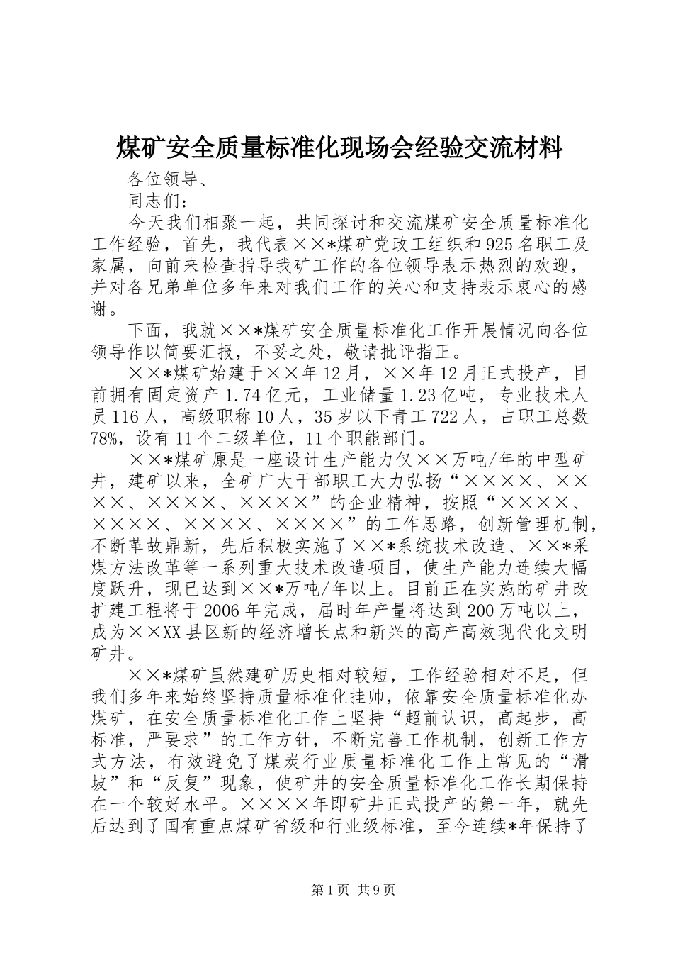2024年煤矿安全质量标准化现场会经验交流材料_第1页