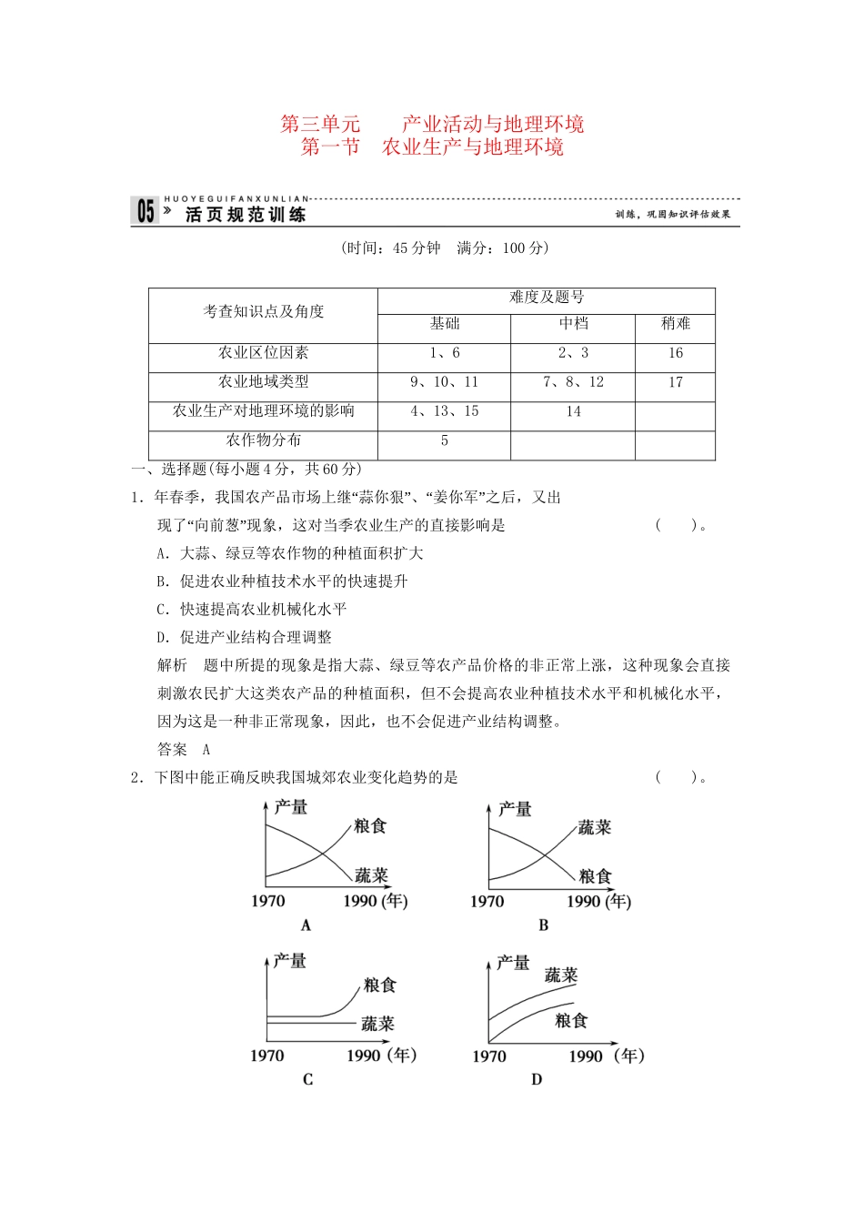 高中地理 3.1 农业生产与地理环境规范训练 鲁教版必修2_第1页