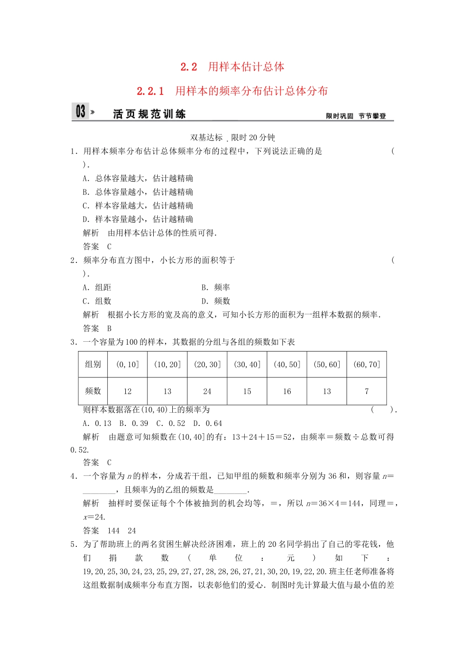 高中数 2-2-1用样本的频率分布估计总体分布同步检测 新人教A版必修3_第1页