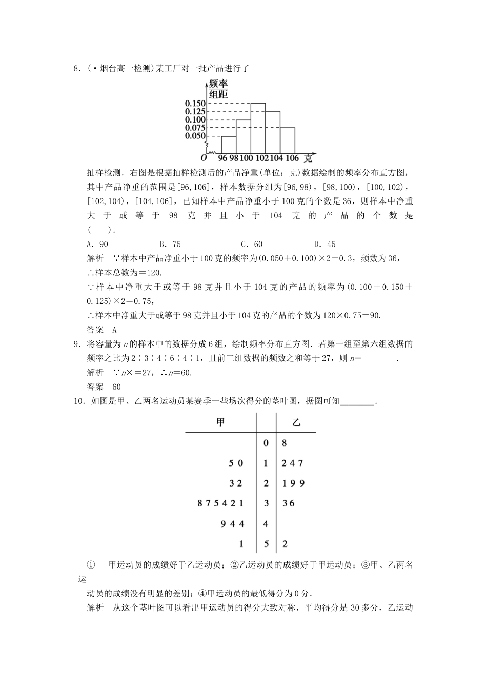 高中数 2-2-1用样本的频率分布估计总体分布同步检测 新人教A版必修3_第3页