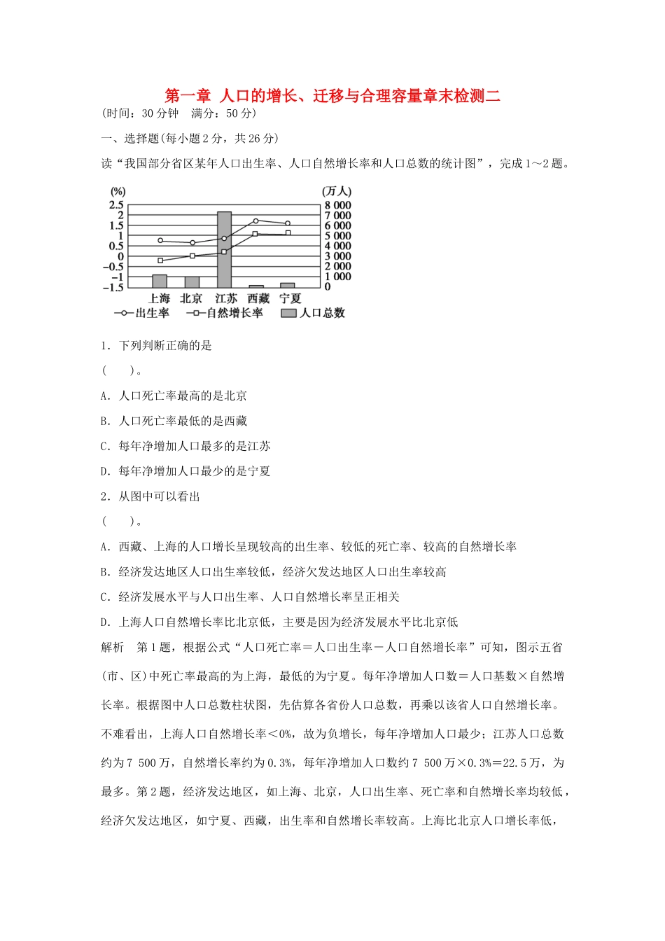 高中地理 第一章 人口的增长、迁移与合理容量章末检测二 中图版必修2_第1页