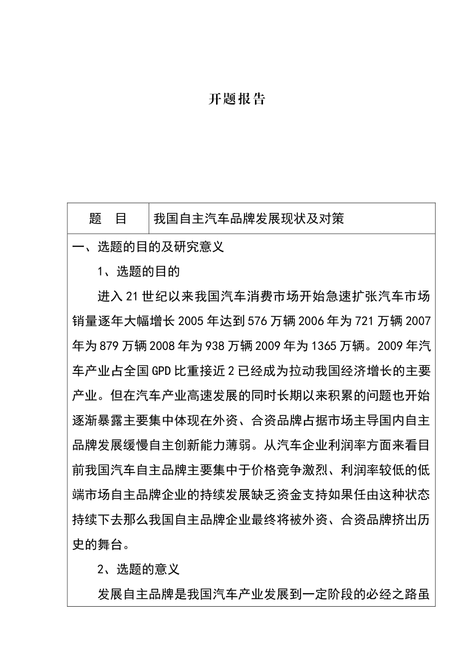 我国自主汽车品牌发展现状及对策 开题报告_第1页
