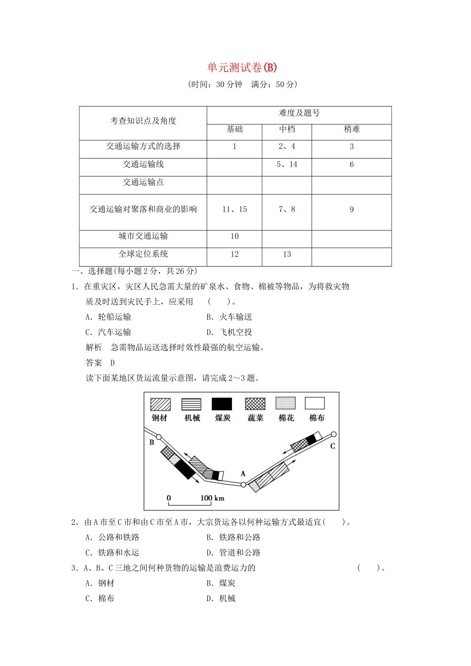 高中地理 第四单元 人类活动的地域联系单元测试卷(B) 鲁教版必修2_第1页