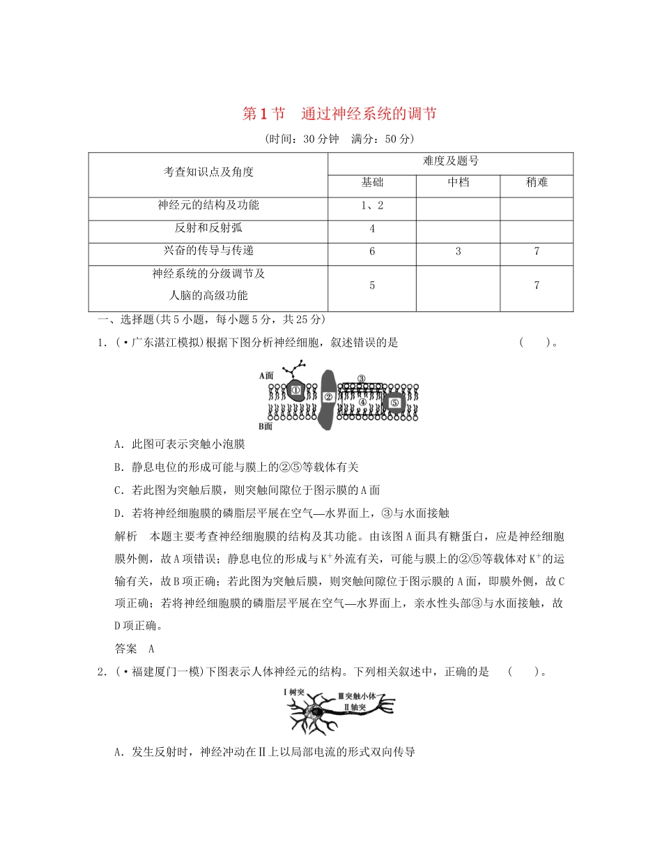 高中生物 21通过神经系统的调节活页规范训练 新人教版必修3_第1页