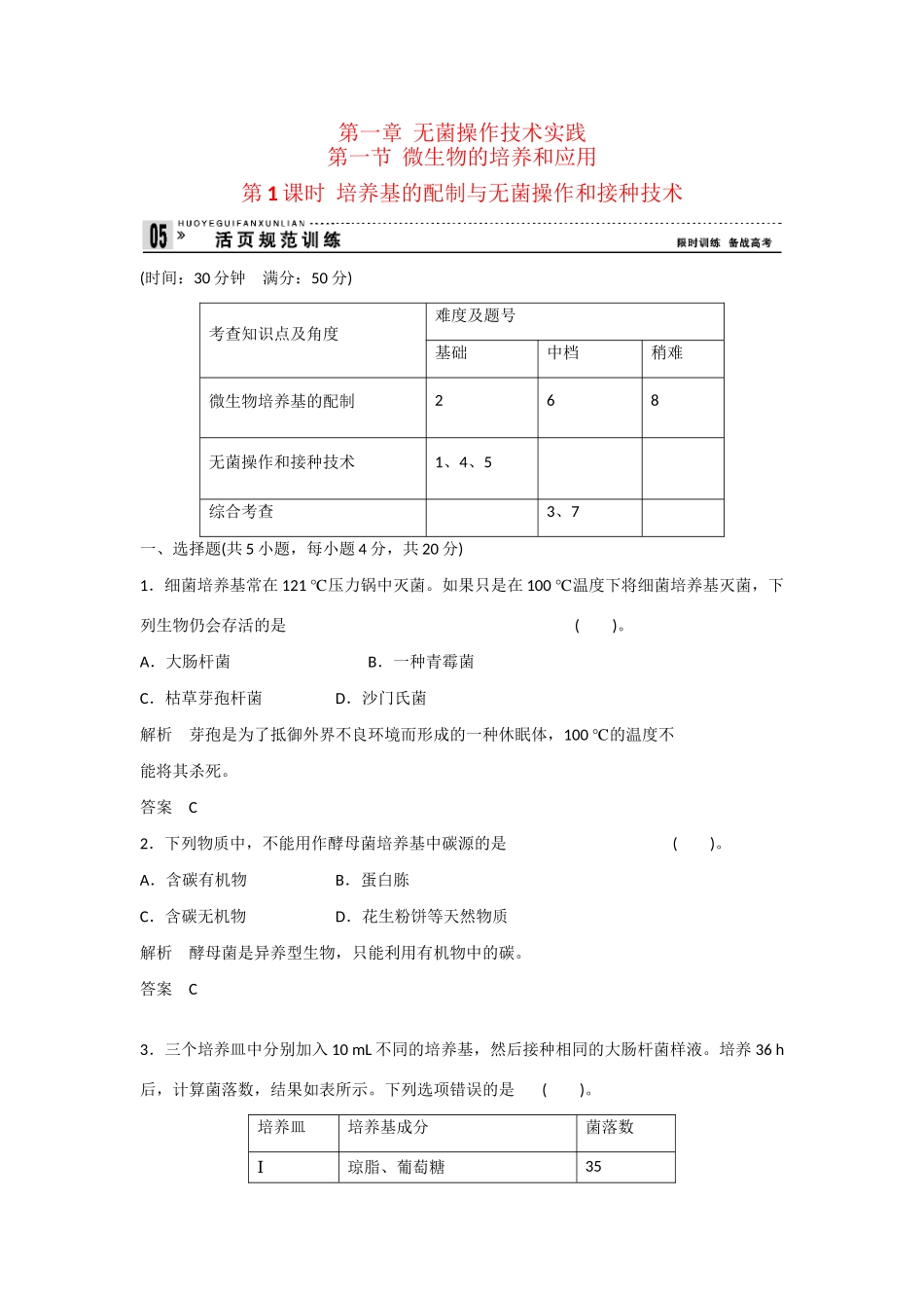 高中生物 1.1.1 培养基的配制与无菌操作和接种技术规范训练 苏教版选修1_第1页