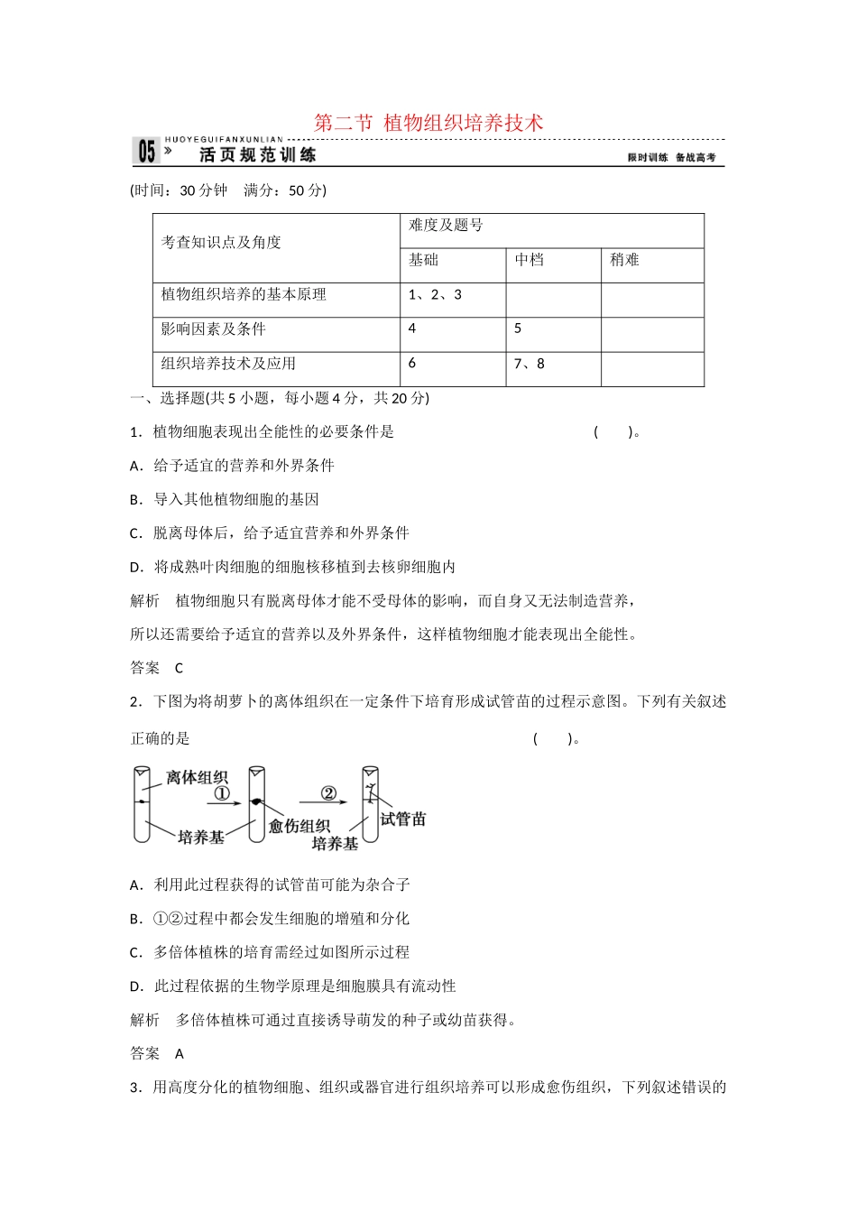 高中生物 1.2 植物组织培养技术规范训练 苏教版选修1_第1页