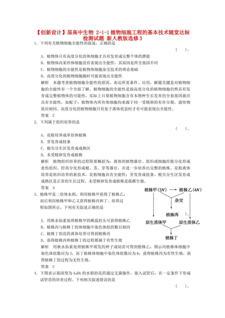 高中生物 211植物细胞工程的基本技术随堂达标检测试题 新人教版选修3_第1页