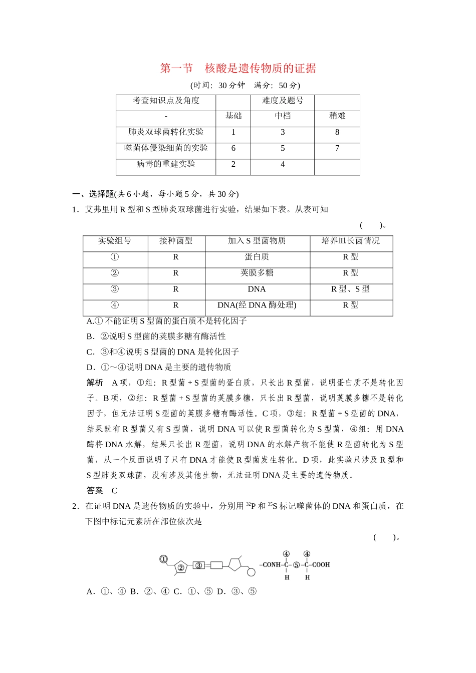 高中生物 3.1 核酸是遗传物质的证据配套试题 浙科版必修2_第1页
