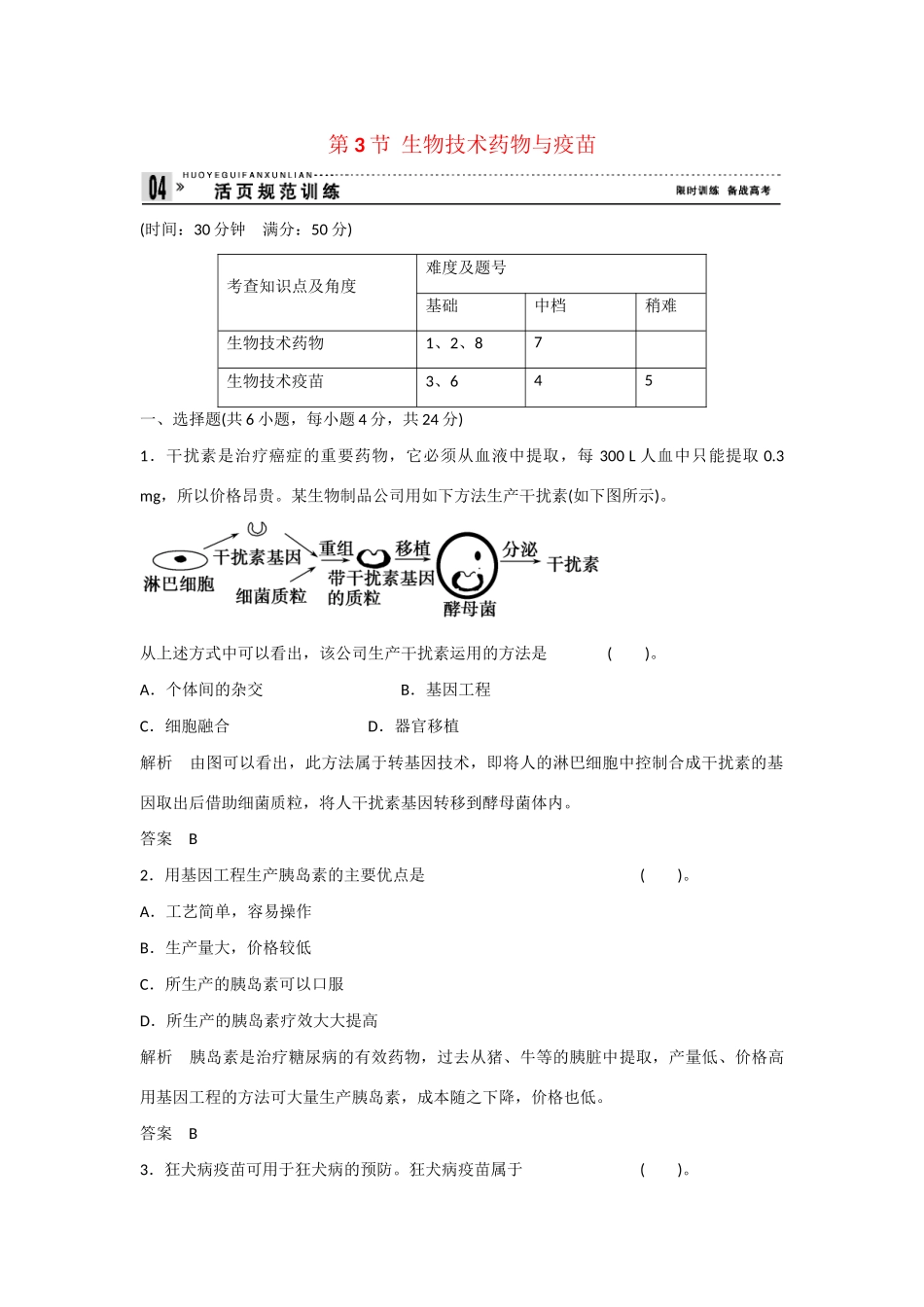 高中生物 3.3 生物技术药物与疫苗规范训练 新人教版选修2_第1页