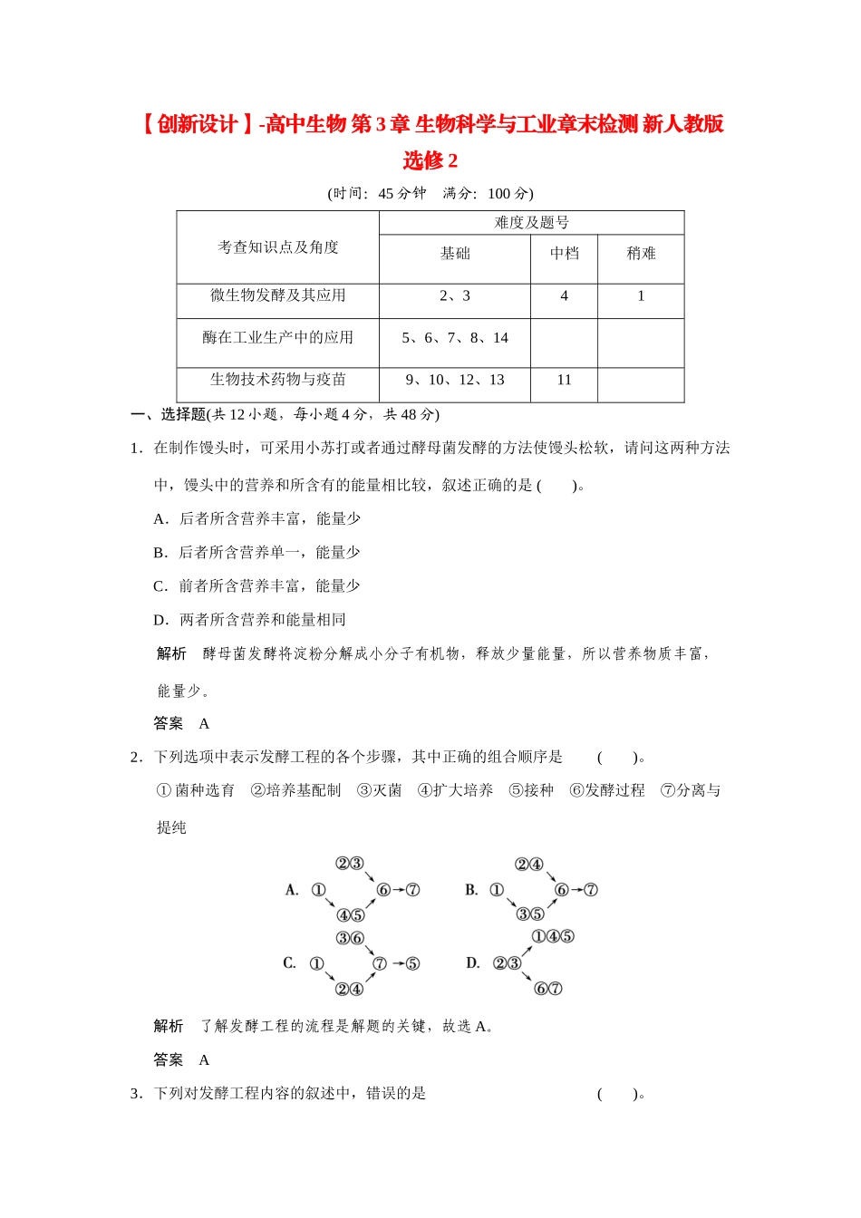 高中生物 第3章 生物科学与工业章末检测 新人教版选修2_第1页