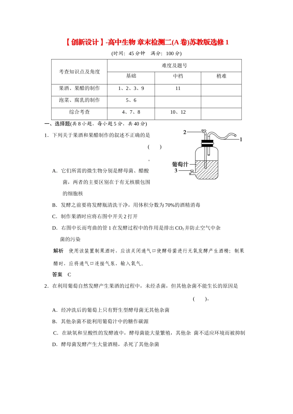 高中生物 章末检测二(A卷)苏教版选修1_第1页