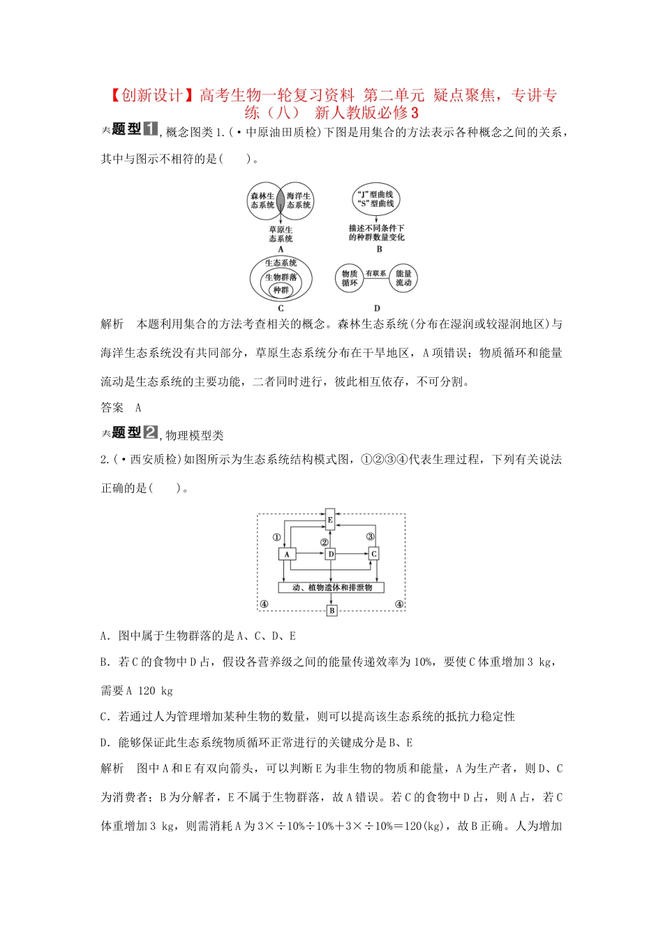 高考生物一轮复习资料 第二单元 疑点聚焦，专讲专练（八） 新人教版必修3_第1页