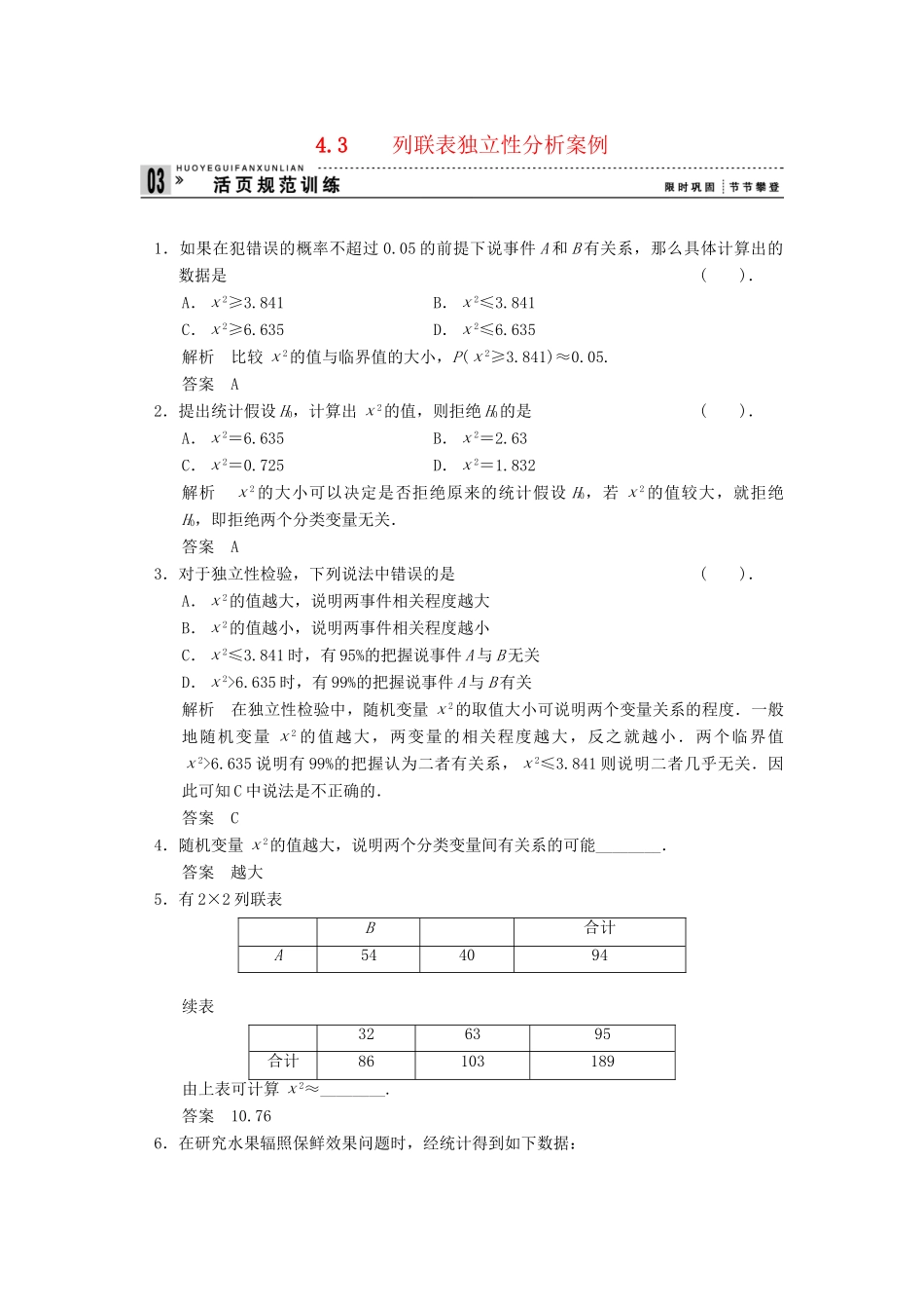 高中数学 4.3 列联表独立性分析案例规范训练 湘教版选修1-2_第1页